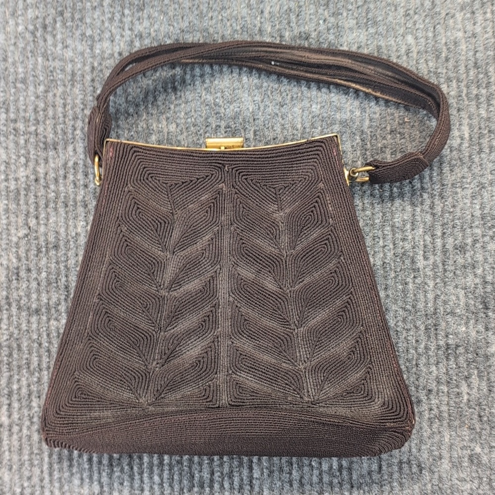Vintage Corde Brown Kiss Lock Shoulder Bag Gold Hardware Lined W/Inner Pockets